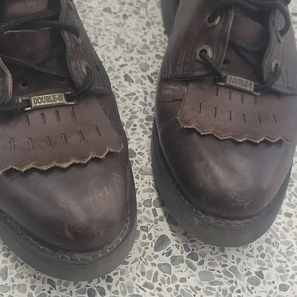 Double-H Mens Lace Up Work Boots Brown Leather Kiltie Steel Shank Size 7.5 D USA